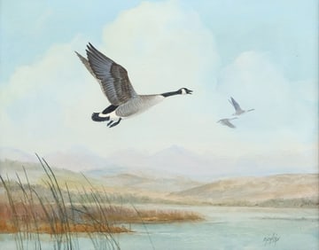 RON JENKINS (B.1932) WILDLIFE PAINTING CANADA GOOSE, 16" X 20"