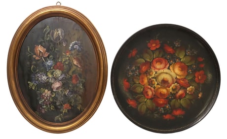 (2) FRAMED PAINTING & TOLE-PEINTE ROUND TRAY