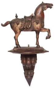 (2) CHINESE TANG STYLE HORSE ON SCROLLED WALL BRACKET