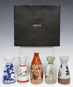 (10) JAPANESE PORCELAIN SAKE CARAFES & HOYA CRYSTAL LIQUEUR SAKE GLASSES