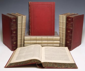 (12) FRENCH LEATHER-BOUND LIBRARY SHELF BOOKS, DICTIONARIES & WAR HISTORY