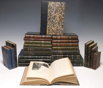 (27) FRENCH LEATHER-BOUND LIBRARY SHELF BOOKS, THEATER & PERIODICALS