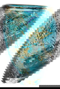 LARGE TIM LAZER (20TH C.) STUDIO BLOWN ART GLASS VASE, 13"H: Large studio blown art glass vase, signed underfoot Lazer (Tim Lazer, California, 20th c.), dated [19]92, with gold leaf, cobalt, and mottled iridescent inclusions into teal glass, silvered rim,