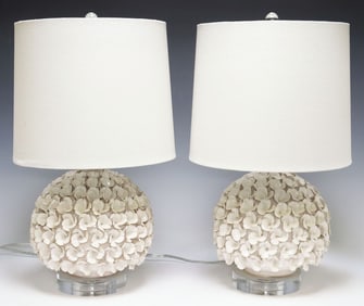 (2) CONTEMPORARY WHITE CERAMIC FLOWERS GLOBULAR 1-LT TABLE LAMPS