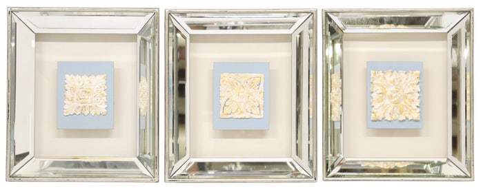 (3) JOHN-RICHARD 'ELEGANT SQUARE I-III' SHADOWBOX-FRAMED RELIEF PLAQUES