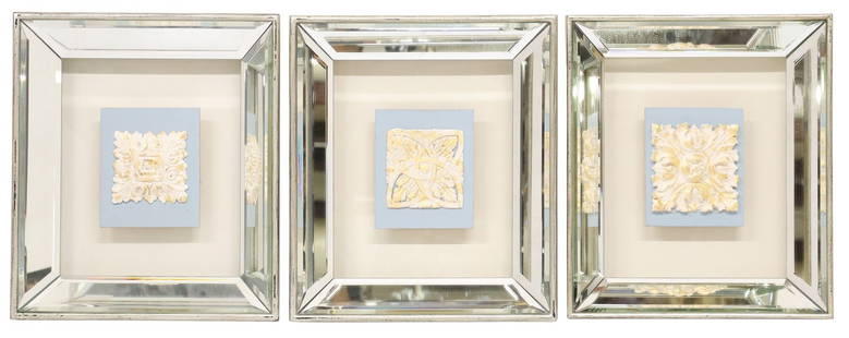 (3) JOHN-RICHARD 'ELEGANT SQUARE I-III' SHADOWBOX-FRAMED RELIEF PLAQUES: (lot of 3) Contemporary framed hand-embellished relief plaques, John-Richard, late 20th c., each from the "Elegant Square" series, parcel gilt composition mounted on white board, housed in a
