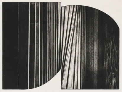 ELVIA PERRIN (20TH C.) MINIMALIST INTAGLIO PRINT 'BRIDGE': Framed intaglio print on paper, "Bridge," Elvia Perrin (American, active in Austin, Texas, 20th c.), sight: approx 18.75"h, 24.75"w, overall: 23.25"h, 29.25"w, 8.25lbs **Provenance: the contents of a