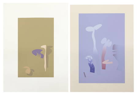 (2) HELMUT BARNETT (B.1946) POSTMODERN SCREENPRINTS: (lot of 2) Unframed screenprints in colors on paper, signed lower right Helmut Barnett (American, active in Austin, Texas, b.1946), dated 1982, including: (1) "Blue Light," grey toned paper,