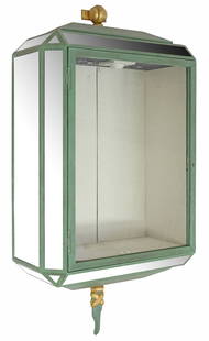 MODERNIST MIRRORED WALL-MOUNTED METAL VITRINE CABINET: Modernist metal wall-mounted display cabinet, 20th c., parcel-gilt and verdigris finish, inset beveled mirror plates, glazed cabinet door, interior shelves, interior lighting in need of wiring,
