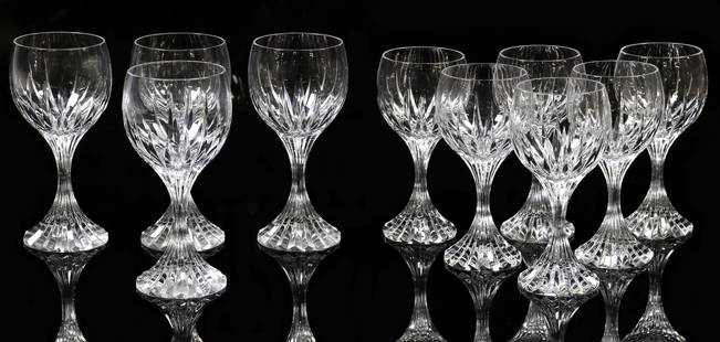 (10) BACCARAT 'MASSENA' WATER GOBLETS & WINE GLASSES: (lot of 10) French Baccarat crystal stemware, in the "Massena" pattern, including: (4) water goblets, approx 7"h, 3.25"diam, (6) white wine glasses, approx 6 3/8"h, 3 1/8"diam; 7.5lbs total
