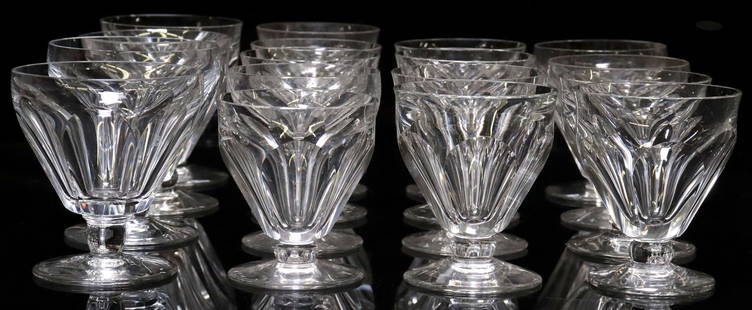 (17) BACCARAT 'PERIGORD' & 'TALLYRAND' CRYSTAL WINE GLASSES: (lot of 17) French Baccarat crystal wine glasses, similar patterns with a panel-cut bowl, including: (12) in the "Tallyrand" pattern, (two) approx 3.25"h, 3"diam, (ten) approx 3"h, 2 5/8"diam, (5) in
