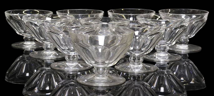 (10) BACCARAT 'TALLYRAND' CRYSTAL DESSERT OR CHAMPAGNE COUPES: (lot of 10) French Baccarat crystal footed desserts/ champagne coupes, in the "Tallyrand" pattern, with a panel-cut bowl, slight variations in size, some possibly with ground rims, approx 3 1/8"h, 4