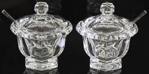 (2) BACCARAT 'BRETAGNE' CRYSTAL JAM JARS, COVERS & SPOONS