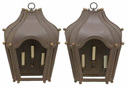 (2) DENNIS & LEEN (ATTRIB.) 'NAVARRE' PATINATED IRON 3-LT WALL SCONCES