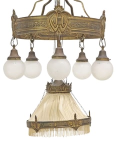 ART NOUVEAU HAMMERED BRASS & FROSTED GLASS 6-LIGHT CHANDELIER