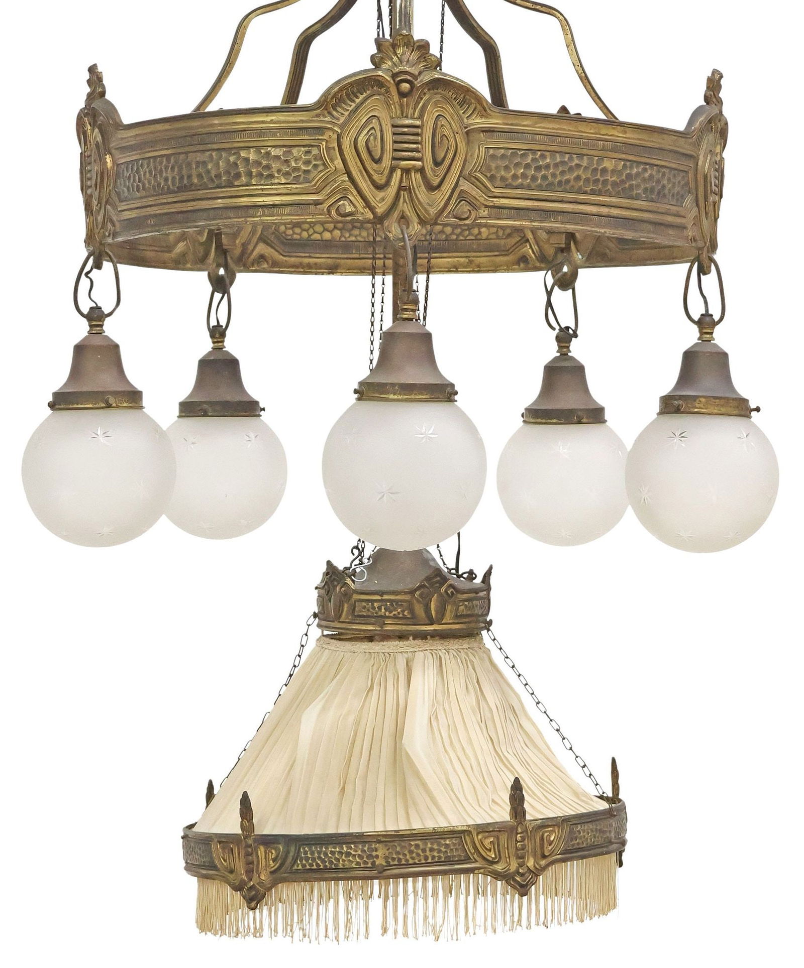 ART NOUVEAU HAMMERED BRASS & FROSTED GLASS 6-LIGHT CHANDELIER (1 of 5)