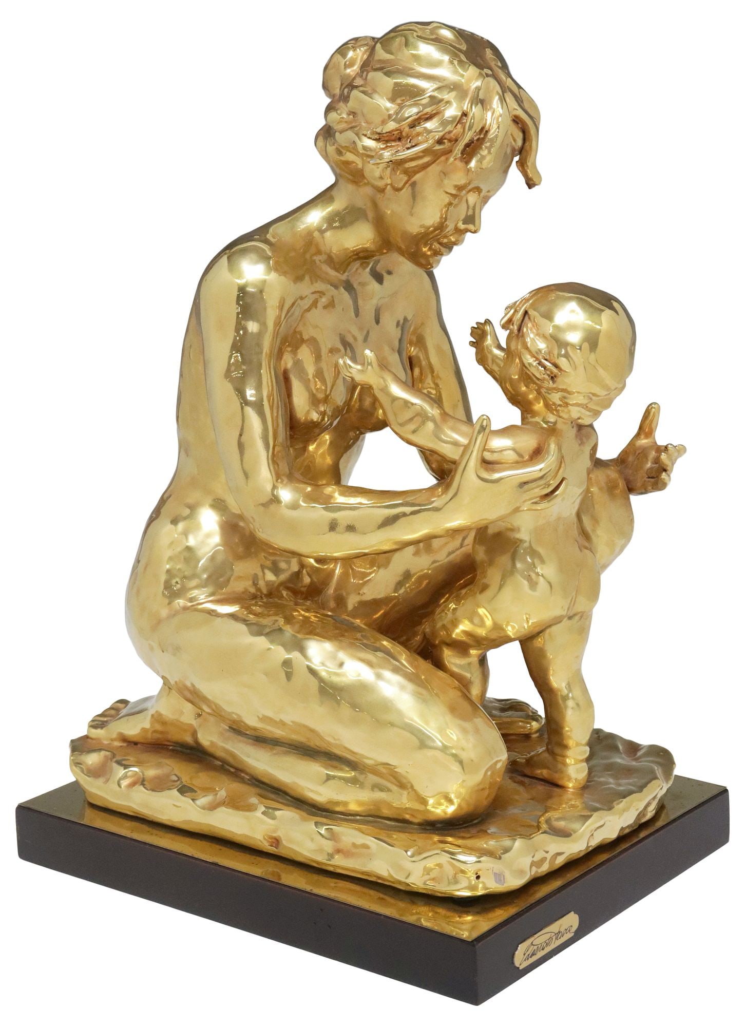 EDOARDO TASCA LIMITED EDITION CAPODIMONTE GILT PORCELAIN SCULPTURE: Capodimonte porcelain limited edition gilt sculpture, Edoardo Tasca (Italian), numbered 357/1000, modeled as a kneeling woman and child, rising on detached gilt base, heavy wear to platform base, over