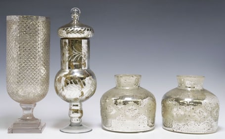 (4) ETCHED MERCURY GLASS VASES
