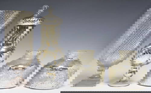 (4) ETCHED MERCURY GLASS VASES: (lot of 4) Decorative mercury glass vases, including: (1) vase and cover, with etched foliate bands, approx 16.75"h, (1) hurricane/ pedestal vase, pressed diamond pattern, on a stepped square plinth,
