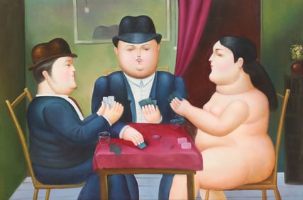 AFTER FERNANDO BOTERO OIL PAINTING, 'THE CARD PLAYERS' 24" X 36"