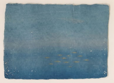 FRAMED MIXED MEDIA ON TEXTURED PAPER, SCHOOL OF FISH IN BLUE SEA