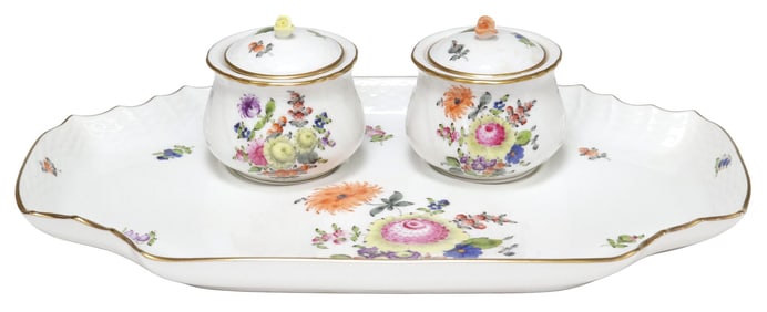 HEREND HAND-PAINTED PORCELAIN FLORAL DOUBLE INKWELL