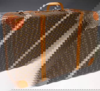 VINTAGE LOUIS VUITTON STRATOS 70 MONOGRAM SUITCASE: Vintage Louis Vuitton "Stratos 70" suitcase/ travel trunk, in brown monogram coated canvas, with tan vachetta leather trim, rolled top handle, dual buckle closures, all around dual zipper closure, ope
