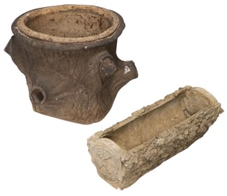 (2) FAUX BOIS CAST STONE & CONCRETE GARDEN PLANTERS
