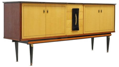 FRENCH MID-CENTURY MODERN MAHOGANY & MAPLE LACQUERED SIDEBOARD