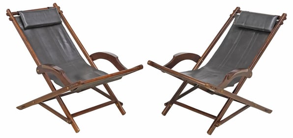 (2) MODERN LEATHER SLING FOLDING DECK CHAIRS