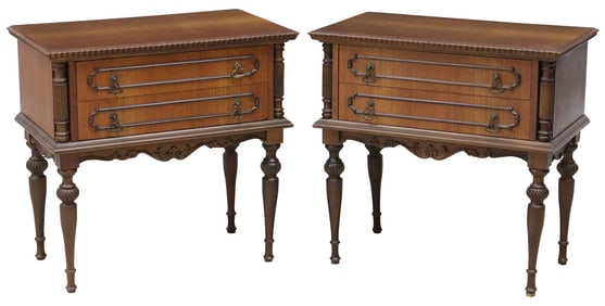 (2) ITALIAN CARVED WALNUT 2-DRAWER NIGHTSTANDS