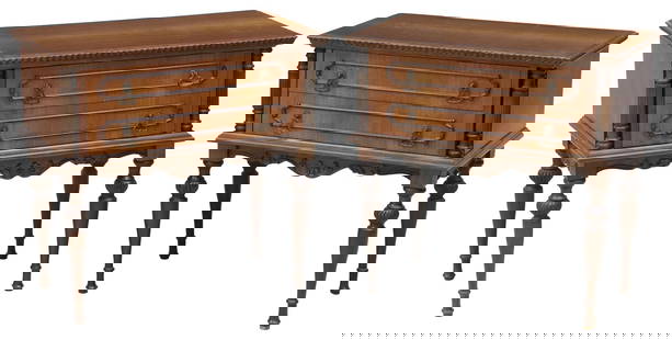 (2) ITALIAN CARVED WALNUT 2-DRAWER NIGHTSTANDS: (pair) Italian carved walnut nightstands, mid 20th c., having rectangular top with protruding scalloped trim, over two drawers with metal pulls, flanked by fluted columns, rising on tapered supports,