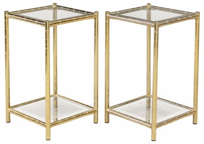 (2) FRENCH BRASS & MIRRORED GLASS FAUX BAMBOO SIDE TABLES