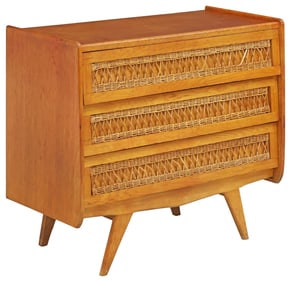 FRENCH MID-CENTURY MODERN CARVED OAK & WOVEN RATTAN COMMODE