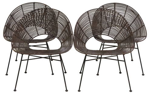 (4) VITO SELMA (ATTRIB) MODERN WOVEN BAMNOO & RATTAN CHAIRS: (lot of 4) Modern painted rattan chairs, attributed to Vito Selma (Philippines, 20th c.), 21st c., having arched woven bamboo and rattan frame and seat, rising on iron supports, one retaining Made in