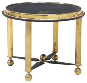 MANNER OF JACQUES ADNET GLASS-TOP BRASS CLOCK SIDE TABLE