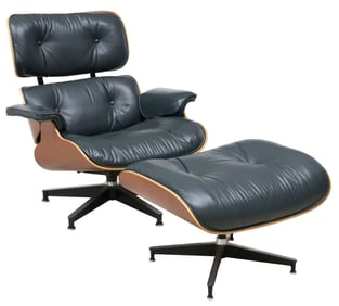 HERMAN MILLER EAMES DARK GREEN LEATHER LOUNGE CHAIR & OTTOMAN