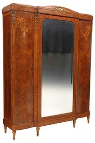 FRENCH ART DECO PERIOD MIRRORED & INLAID BURLWOOD ARMOIRE, 92.5"H