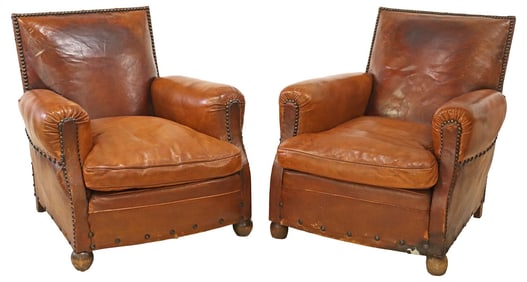 (2) FRENCH ART DECO PERIOD LEATHER CLUB / LOUNGE CHAIRS