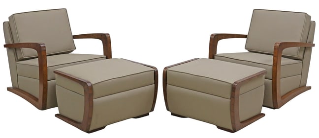 (4) ART DECO STYLE UPHOLSTERED ARMCHAIRS & OTTOMANS
