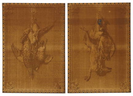 (2) FRAMED FRENCH WOVEN GAME ANIMAL TAPESTRIES: (lot of 2) Framed French woven tapestries, each depicting game animals in ornamental surround, mounted on wood frame, finished with large nailheads, (one) with pheasants, (one) with rabbit and bird, e
