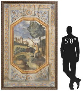 MONUMENTAL ITALIAN SCHOOL PAINTED ARCHITECTURAL WALL PANEL, 97"H: Palatial Italian School framed architectural painted wall panel, 18th/ 19th c., tempura on canvas laid on panel, having central figural scene depicting bird hunter and dogs, with background of castles