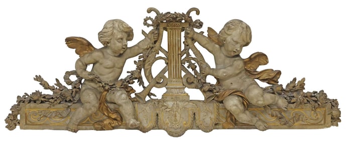 FRENCH CARVED PARCEL-GILT & GREY-PAINTED OVERDOOR