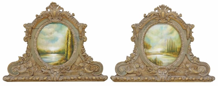 (2) ARCHITECTURAL-FRAMED OVAL ITALIAN LANDSCAPE PAINTINGS