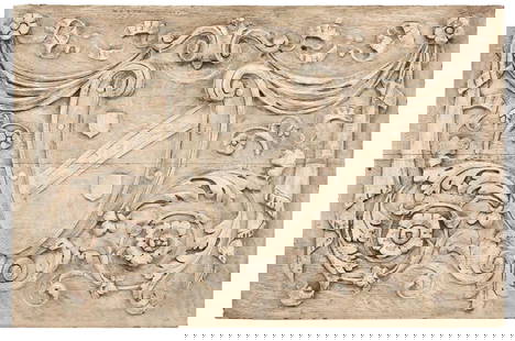 ARCHITECTURAL ARMORIAL RELIEF OVERDOOR PANEL, 24" X 36.5": Architectural wall panel, the decoration in relief, depicting a coat of arms framed by foliate scrolls, overall: approx 24"h, 36.5"w, 19.5lbs **Provenance: the contents of a Stratford Hills mansion**