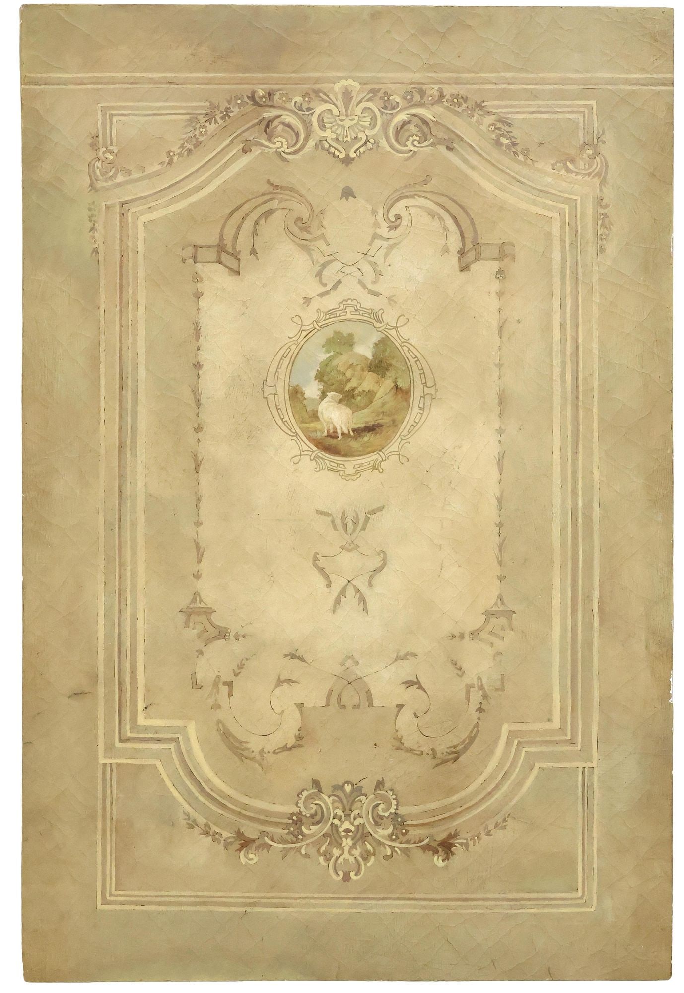 ROCOCO STYLE PAINTED CANVAS WALL PANEL, 48" X 32": Oil on canvas painting mounted to board, trompe l'oeil paneling, center medallion with sheep in a landscape, overall: approx 48"h, 32"w, 1 1/8"d, 9.75lbs **Provenance: the contents of a Stratford Hill