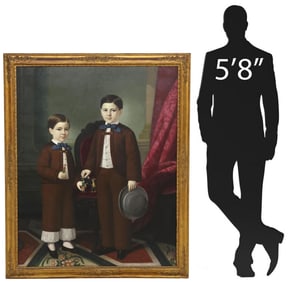 LARGE SPANISH SCHOOL 19TH C. DOUBLE PORTRAIT OF BROTHERS, 56.5" X 45"