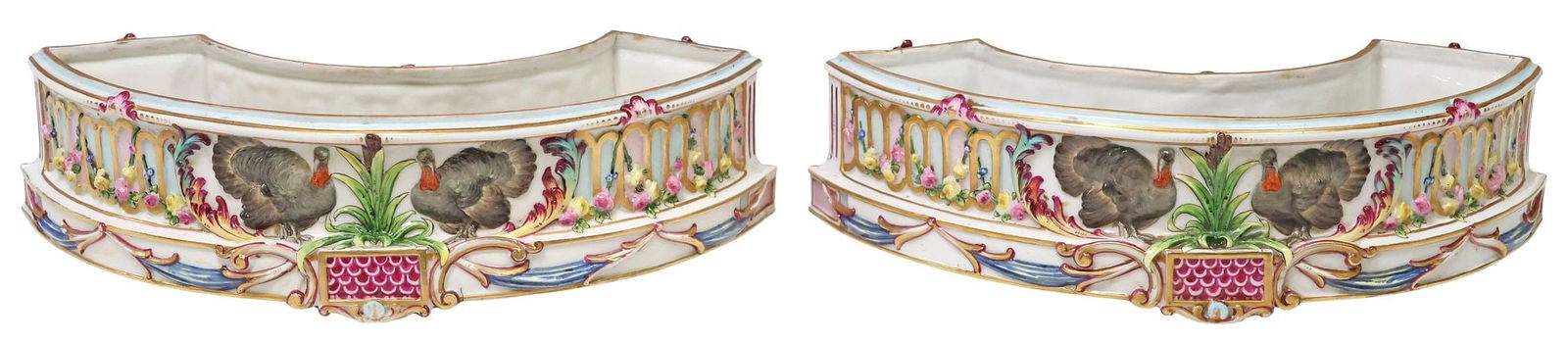 (2) CONTINENTAL PORCELAIN PART SURTOUT DE TABLE: (lot of 2 pieces) Italian porcelain partial surtout de table, in the style of Capodimonte, two quadrant-shaped sections, centered by a pair of turkeys molded in relief, framed by foliate scrolls and f
