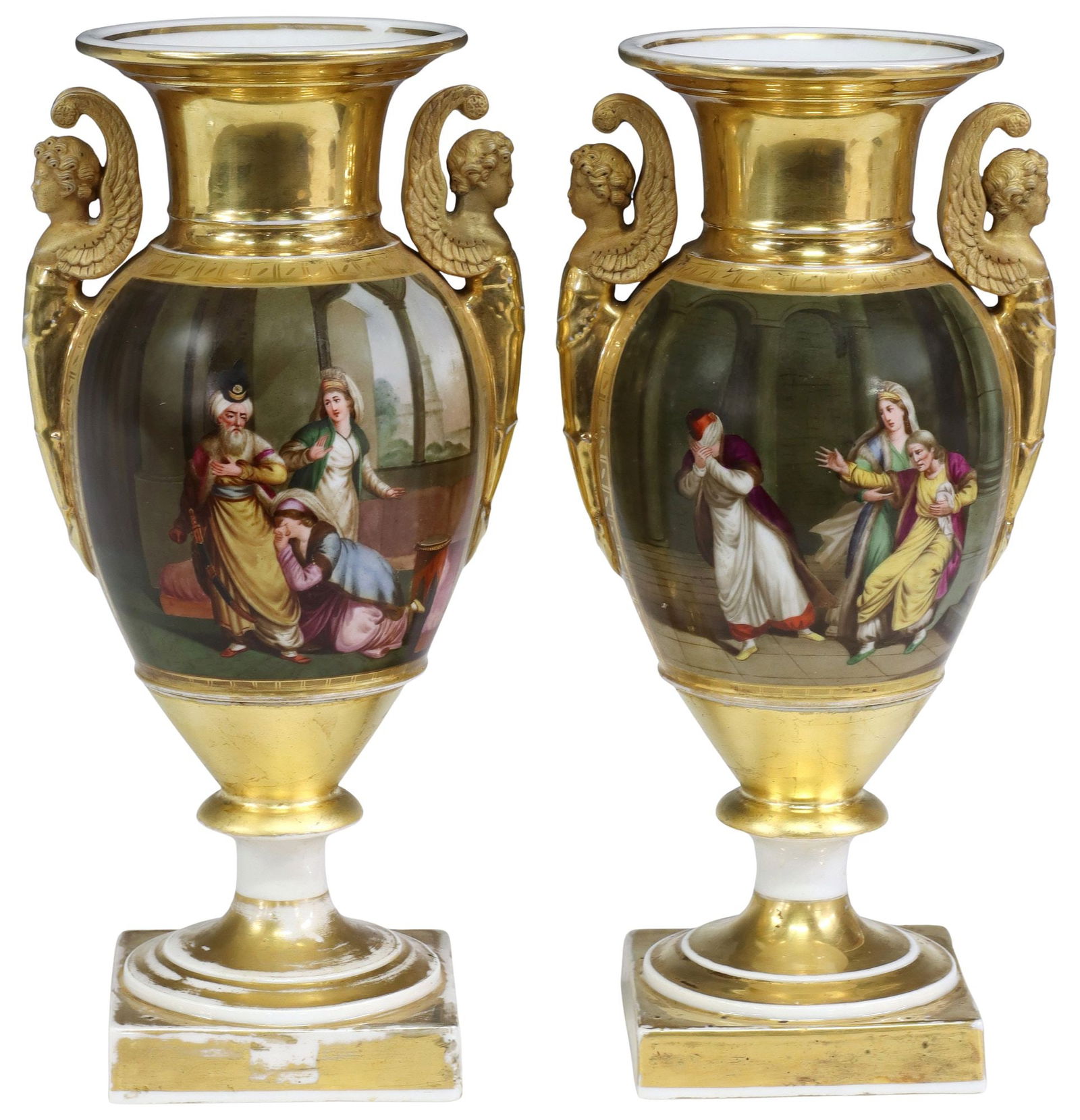 (2) FRENCH EMPIRE OLD PARIS PARCEL-GILT & PAINTED PORCELAIN AMPHORAS (1 of 6)