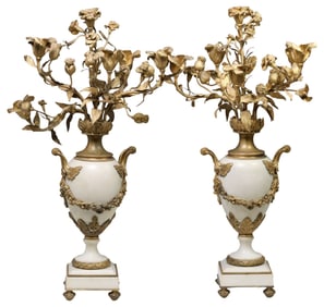 (2) LOUIS XVI STYLE ORMOLU-MOUNTED ALABASTER 6-LT CANDELABRA, 30"H